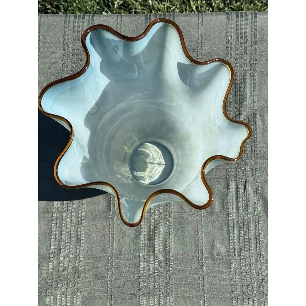 VTG Murano Style Italian Glass Handkerchief Vase Ruffled Mint Green Blue 9.5